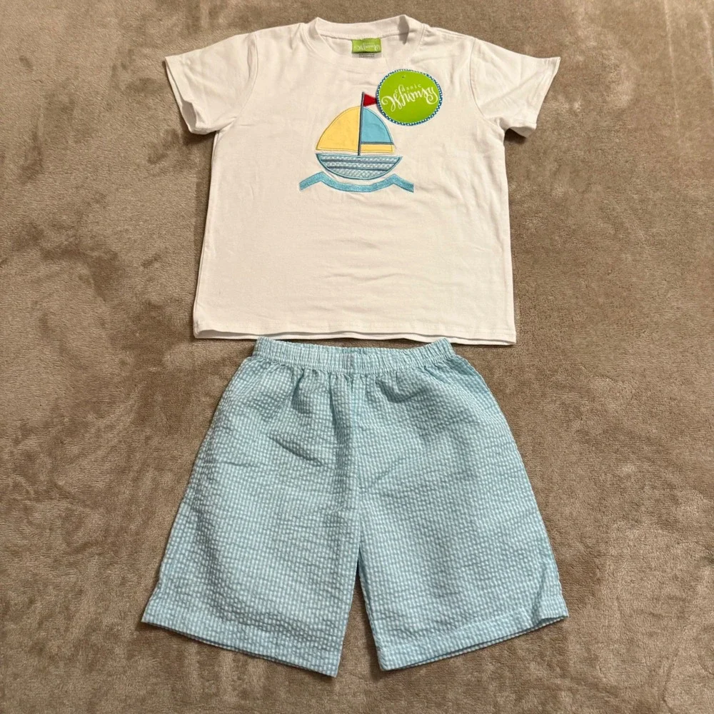Classic Whimsy Boys Sailboat Short Set Turquoise Gingham Seersucker